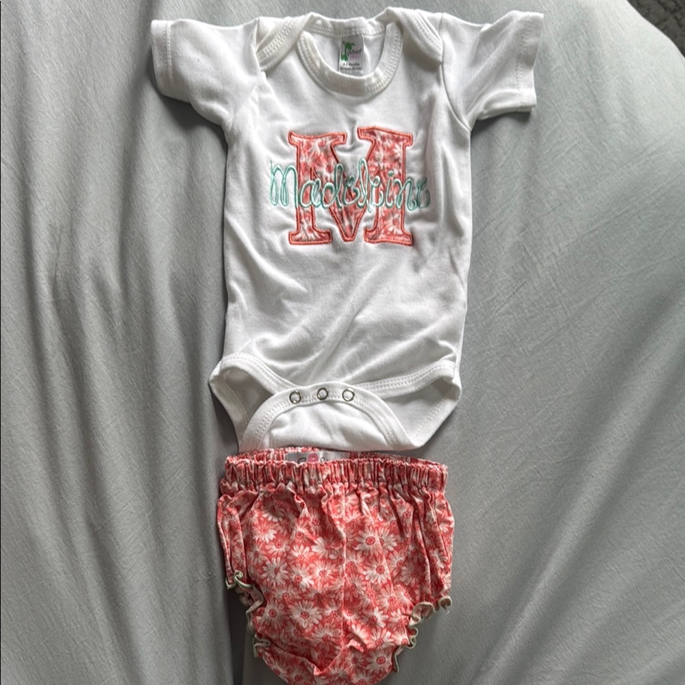 Custom White and Peach Baby Onesie and Bloomer Set Embroidered with “Madeleine”